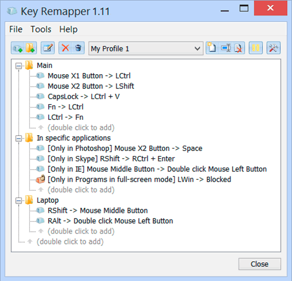 A multi-functional key, mouse button and mouse wheel remapper
