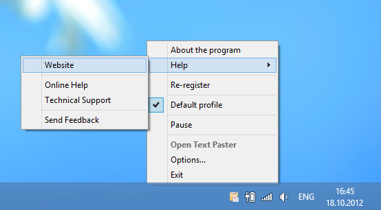 Text Paster - taskbar icon, popup menu