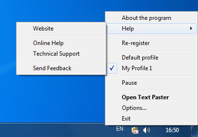 Text Paster - taskbar icon, popup menu